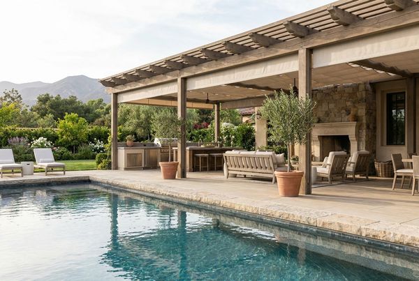 Covered patio built alongside a swimming pool