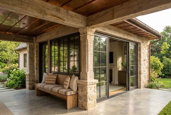 Covered patio styled with lush planting and soft textiles