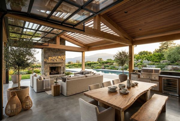 Black-framed contemporary covered patio open to a pool