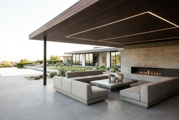 Covered patio with a slow-turning ceiling fan over a lounge