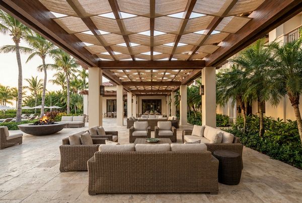 Covered patio set with a dining table for evening meals