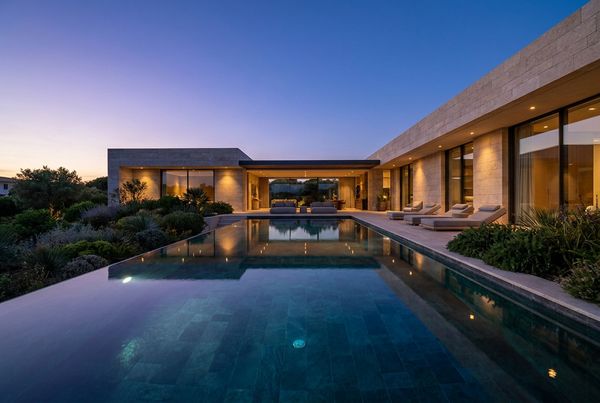 Dark bottom pool lit at dusk with reflections on the water