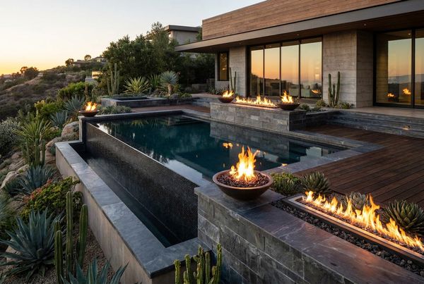 Dark bottom pool with fire features glowing along the edge at night