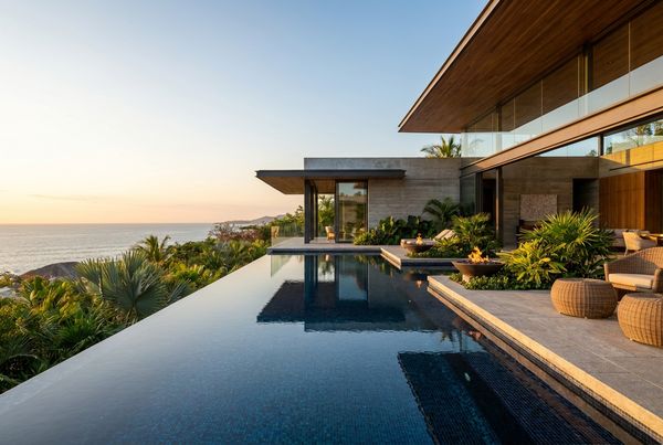 Dark bottom infinity pool with a reflective vanishing edge