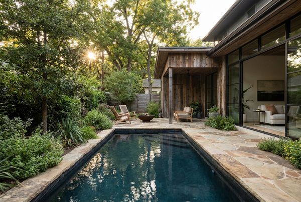 Dark pool lit at dusk with warm deck lighting