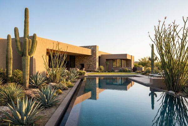 Xeriscape pool surrounded by cacti and gravel