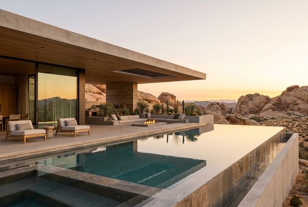 Modern desert pool with clean geometry and agave
