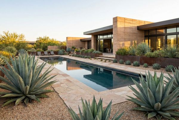 Agave and gravel framing the edge of a swimming pool