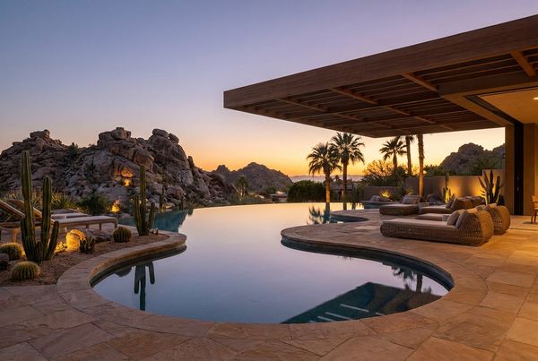 Desert pool at dusk with warm lighting and mountain backdrop