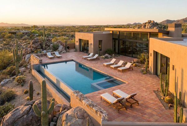 Desert pool with xeriscape planting and a restrained stone palette