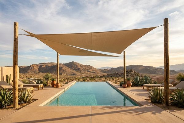 Desert pool with a tensioned shade sail over the deck