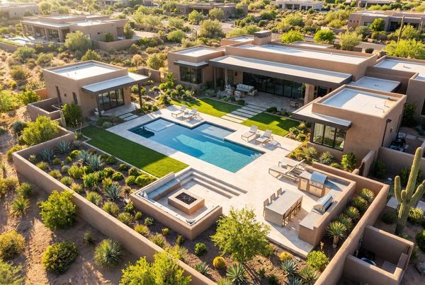 Xeriscape pool with cacti and gravel ground plane