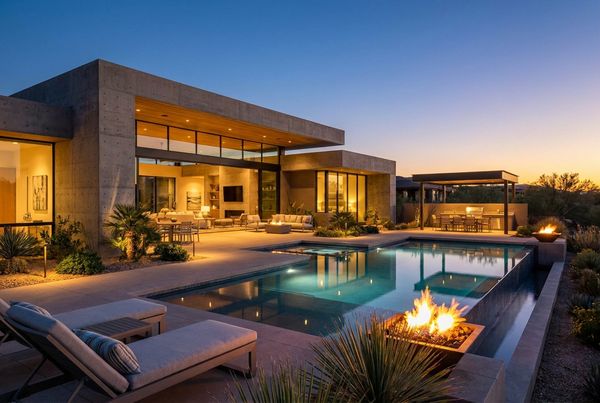 Desert pool with boulders and ornamental grasses