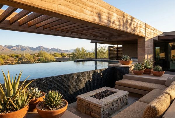 Desert backyard pool with a shade sail over the deck