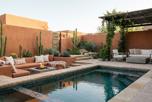 Aerial view of a modern desert pool and backyard