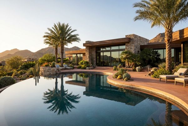 Styled desert backyard pool with a ramada and lounge seating
