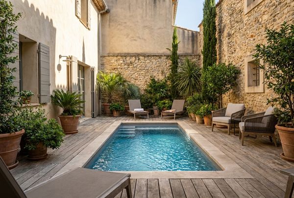 Fiberglass pool with a smooth gelcoat interior in a backyard