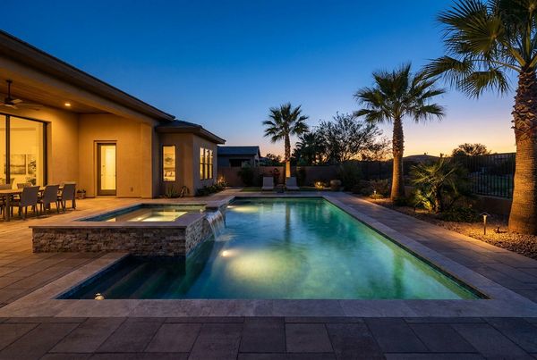 Fiberglass pool with clean coping and clear blue water