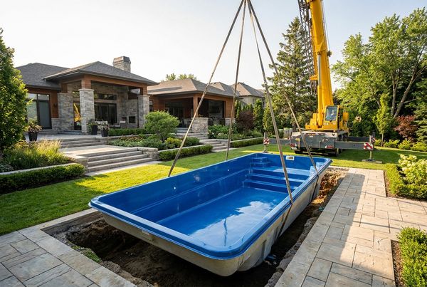 Large fiberglass pool shell being lowered by crane during installation
