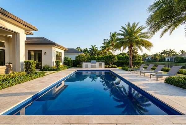 Fiberglass pool with a deep blue gelcoat finish in a landscaped yard