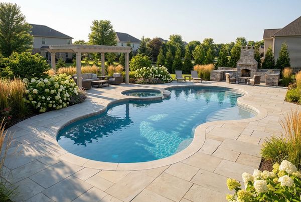Fiberglass pool in a suburban backyard with a lawn and patio