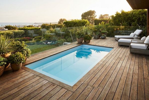 Small fiberglass pool set into a raised wood deck