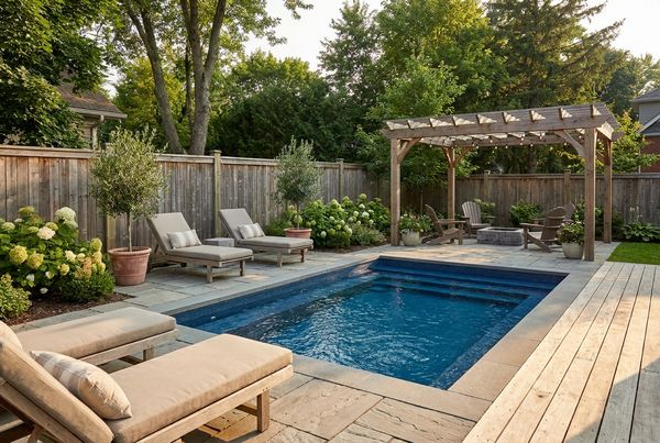Compact fiberglass plunge pool in a small courtyard