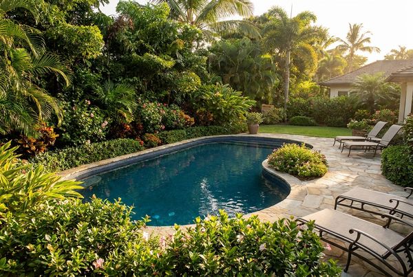 Fiberglass pool with molded steps and a curved bench