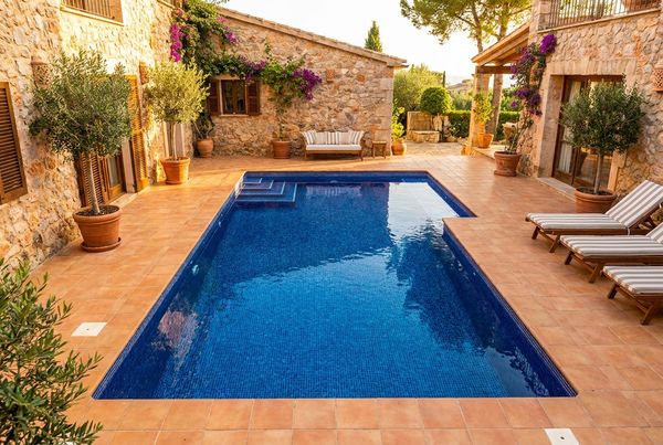 Fiberglass pool with a dark gelcoat interior reflecting the sky