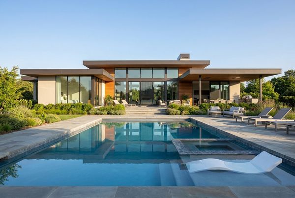 Fiberglass pool flush with a limestone patio
