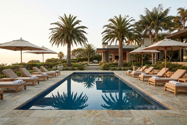 Fiberglass pool on a sloped lot with a retaining wall