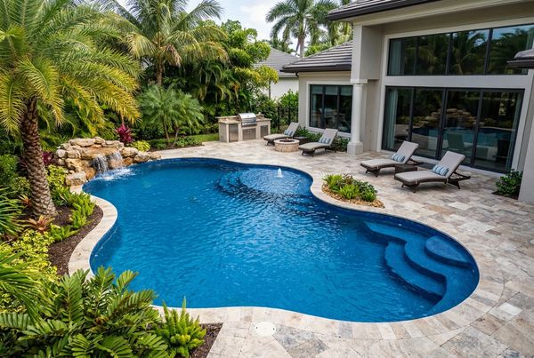 Fiberglass pool in a landscaped backyard setting