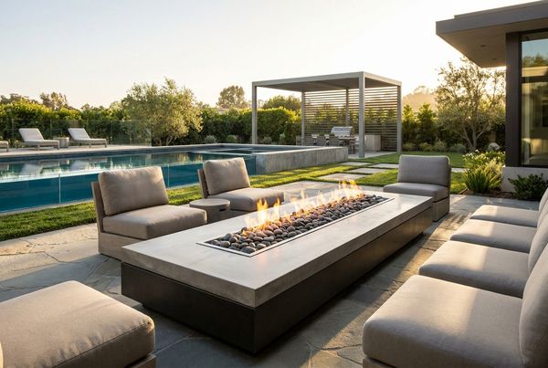 Modern linear gas fire table glowing on a contemporary poolside patio