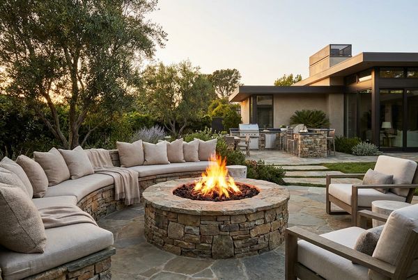 Round stone fire pit ringed by a curved built-in bench at twilight