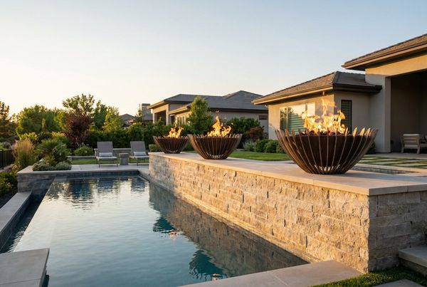 Fire bowls mounted on a raised pool wall with flames rising above the water