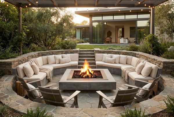 Sunken lounge with a rectangular fire pit beside a modern pool at night