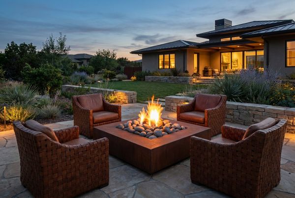 Fire pit surrounded by comfortable chairs glowing at dusk beside a pool