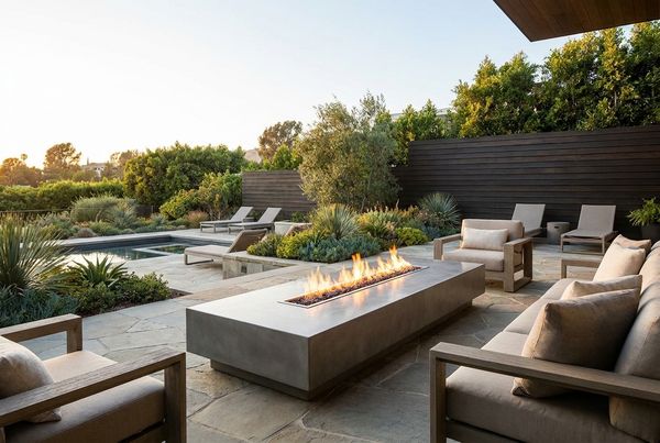 Sleek concrete linear fire table with a bed of glowing embers at dusk