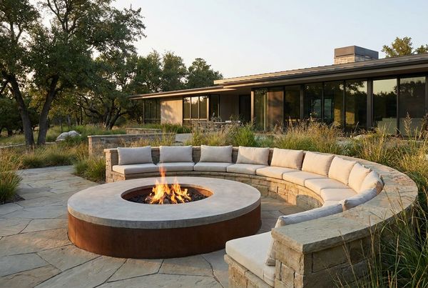 Fire pit with a curved built-in bench positioned a safe distance from a pool
