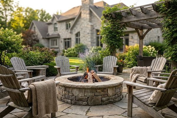 Rustic natural-stone fire pit ringed by casual seating in a backyard