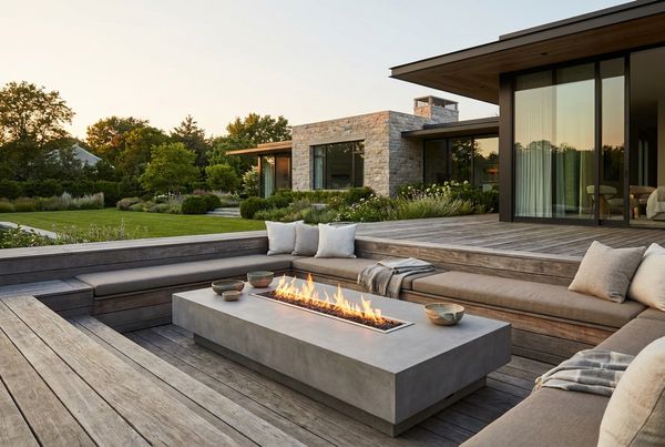 Low fire table anchoring a lounge deck with cushioned chairs