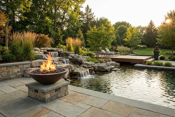 Fire feature burning beside a cascading waterfall wall