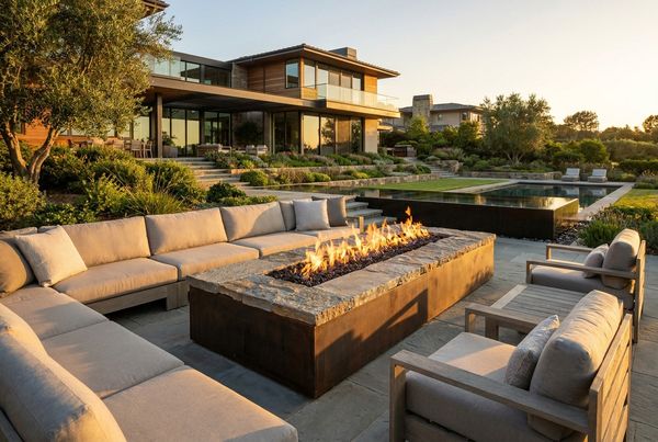Modern backyard fire feature glowing warmly in the evening