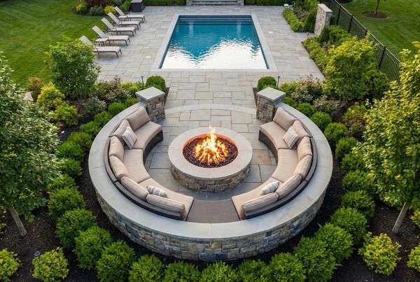 Contemporary fire pit set into a paver patio near a pool