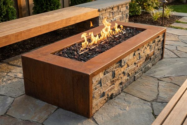 Circular fire pit surrounded by a ring of lounge chairs