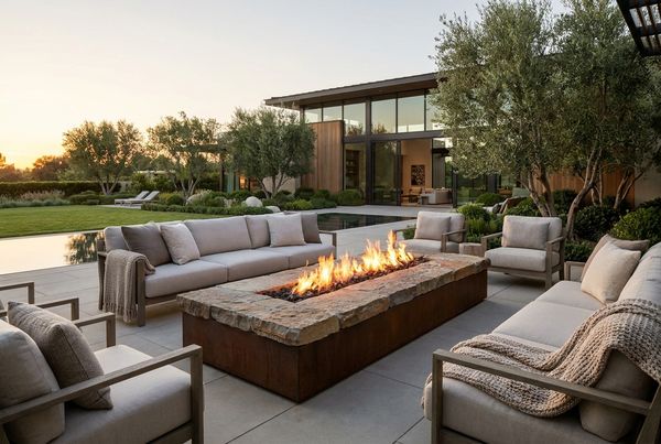 Sleek concrete fire table on a modern patio at twilight