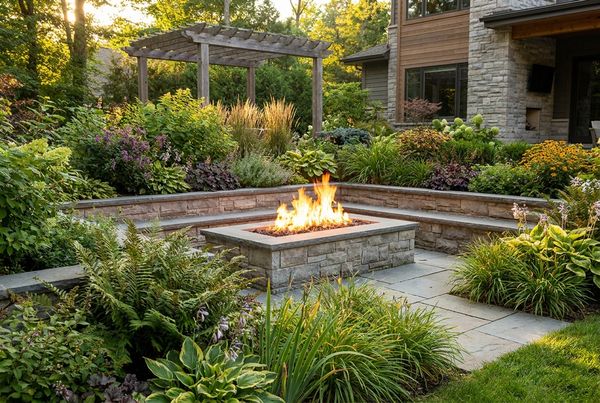 Sunken conversation pit built around a rectangular fire feature