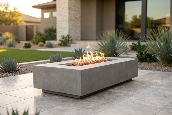 Stone fire pit with a curved built-in bench wrapping around it