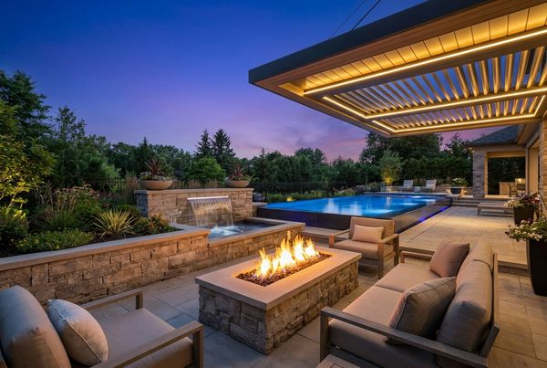 Fire pit centered in a cozy poolside lounge at dusk