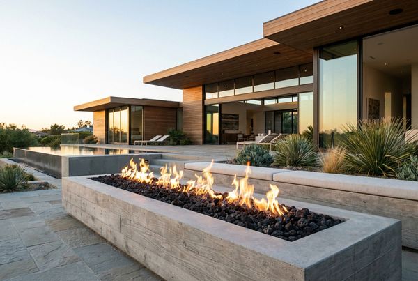 Warm fire glow washing across a poolside patio in the evening